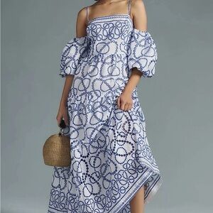 Anthropologie Puff-Sleeve Eyelet Blue & White Dress Size Small
